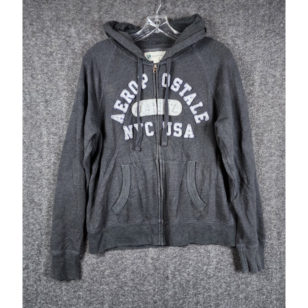 Aeropostale Zip Up Hoodie Womens Large Gray NYC‎ USA Chenille Logo Fleece Jacket